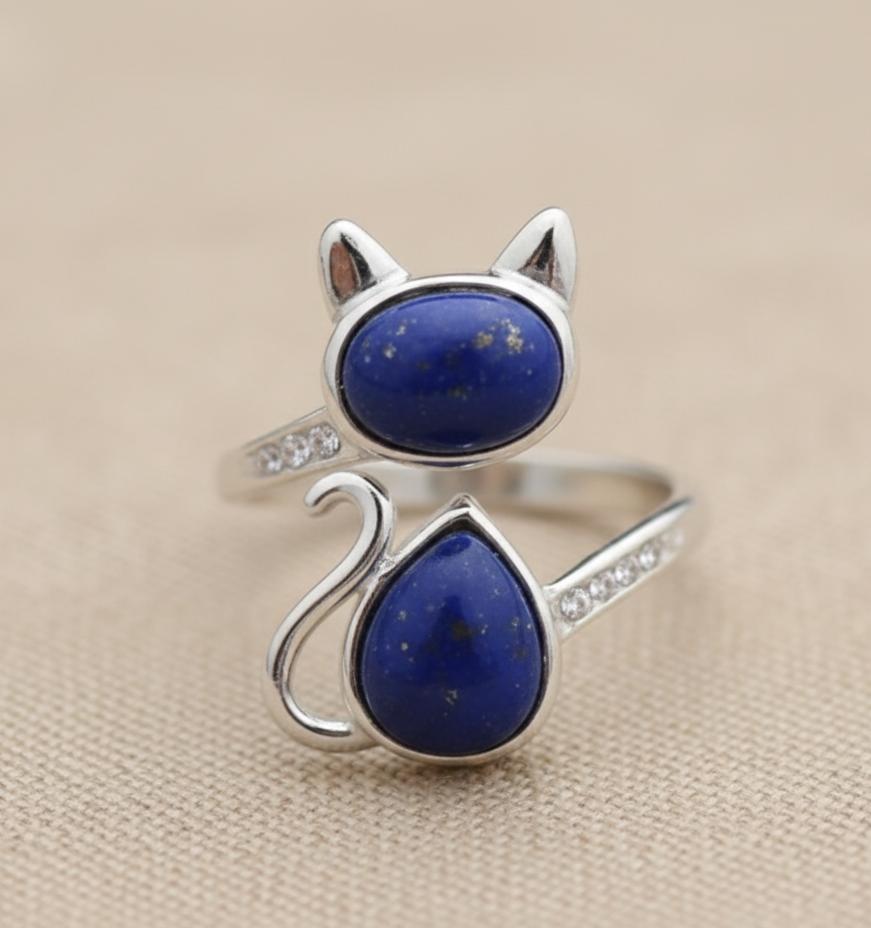 ATELIER-TIBET – Bague Chat Totem en Lapis Lazuli & Argent 925 Ajustable