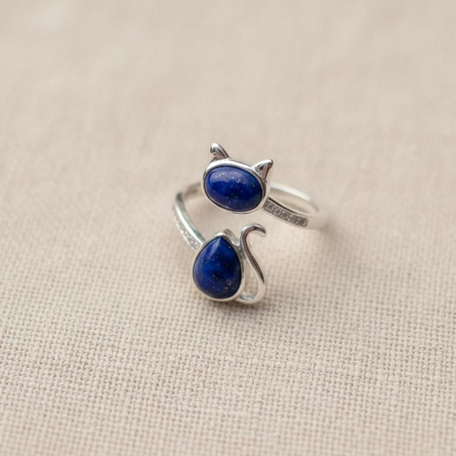 ATELIER-TIBET – Bague Chat Totem en Lapis Lazuli & Argent 925 Ajustable