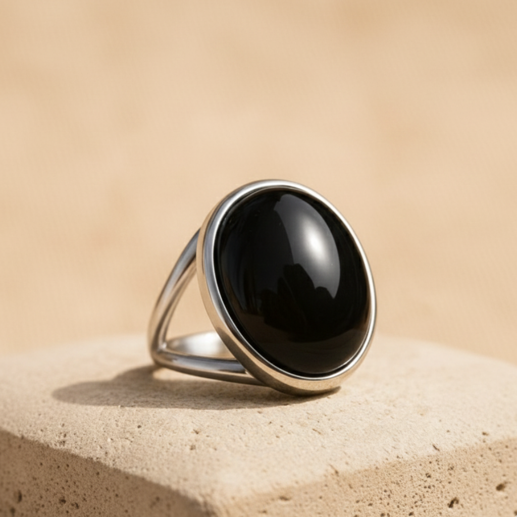ATELIER-TIBET – Bague Obsidienne Œil Céleste “Guide Intérieur” – Argent – Bague ajustable