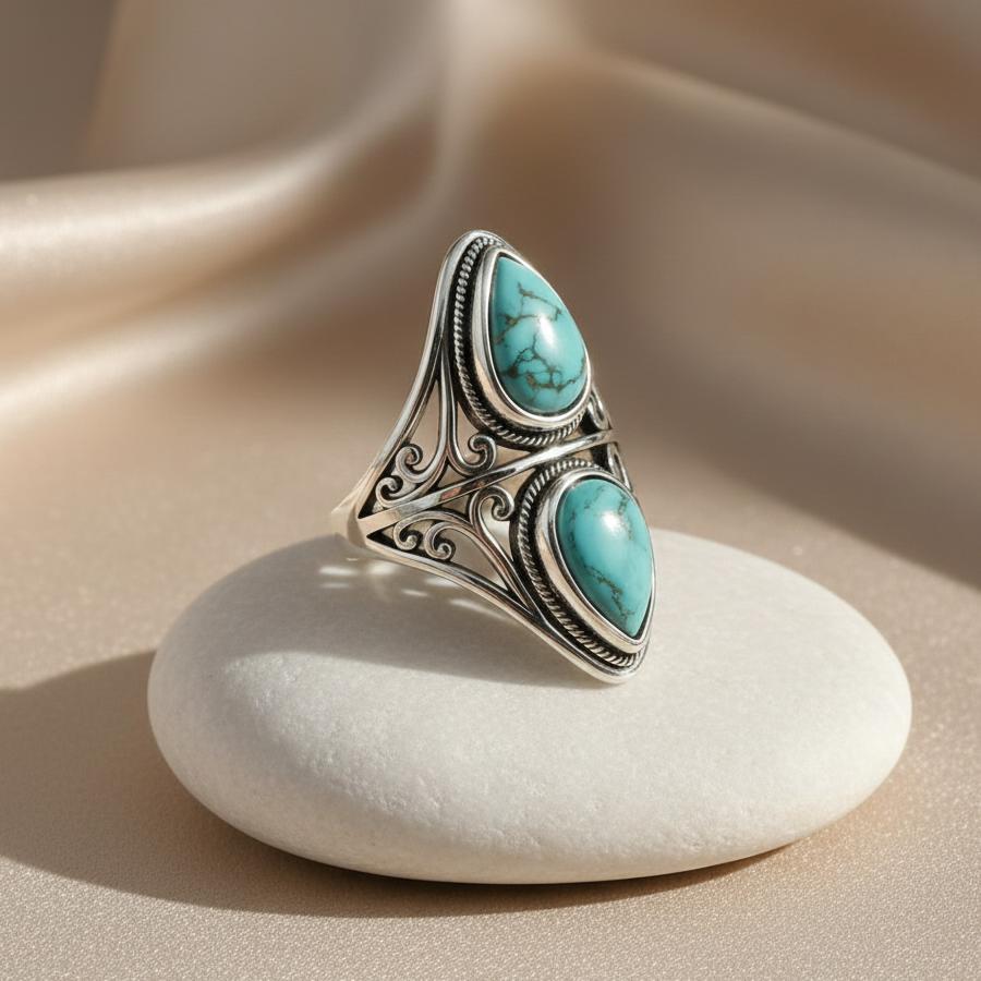 ATELIER-TIBET – Bague Écho Protecteur en Turquoise Naturelle & Métal Finition Argent