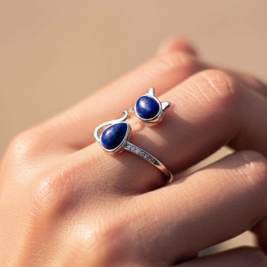 ATELIER-TIBET – Bague Chat Totem en Lapis Lazuli & Argent 925 Ajustable