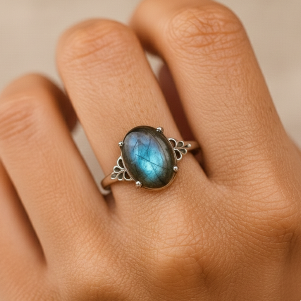 ATELIER-TIBET – Bague Labradorite “Amara” – Pierre naturelle & argent – Bague ajustable