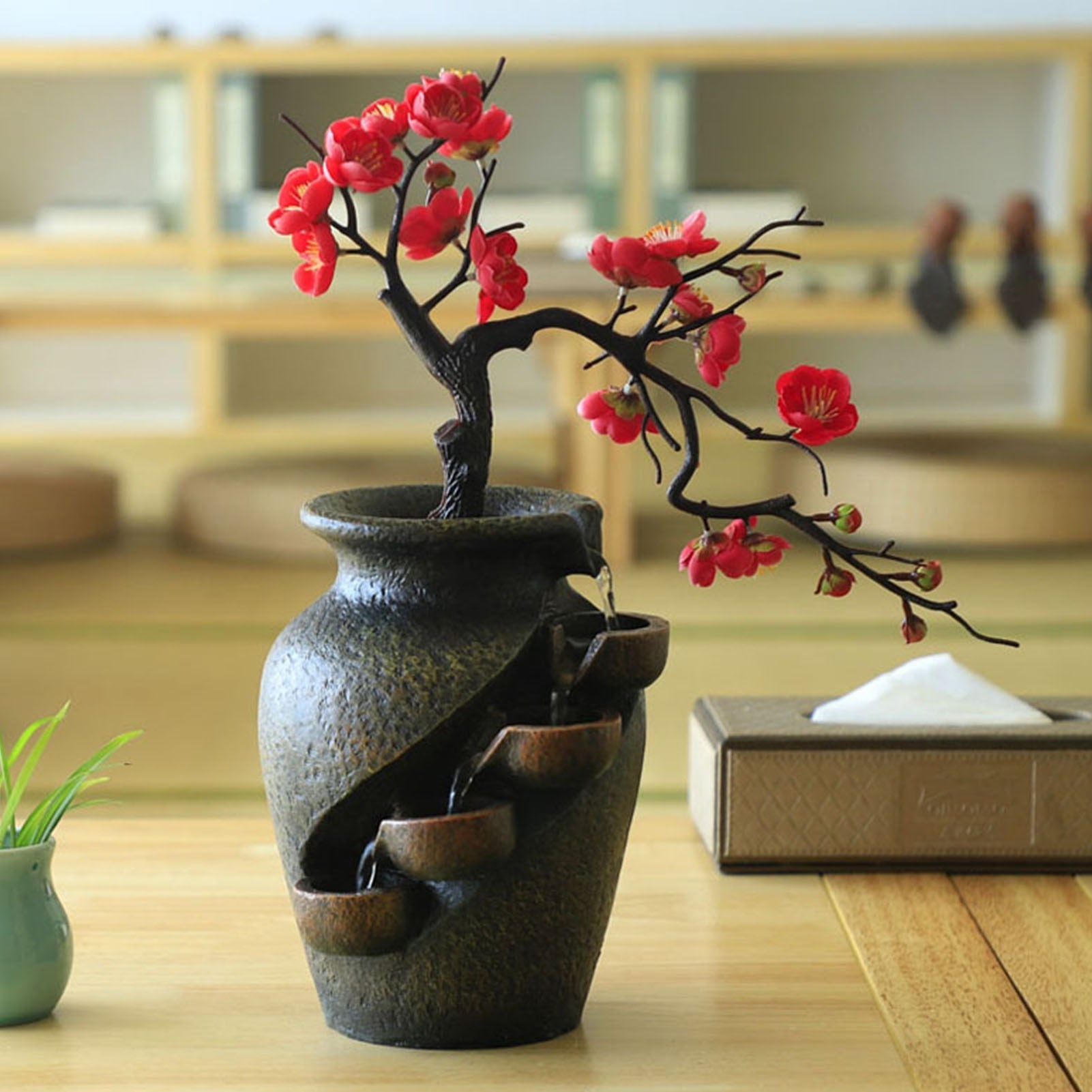 ATELIER-TIBET – Fontaine Japonaise Sakura d’Intérieur avec Cerisier en Fleurs, Style Zen & Feng Shui