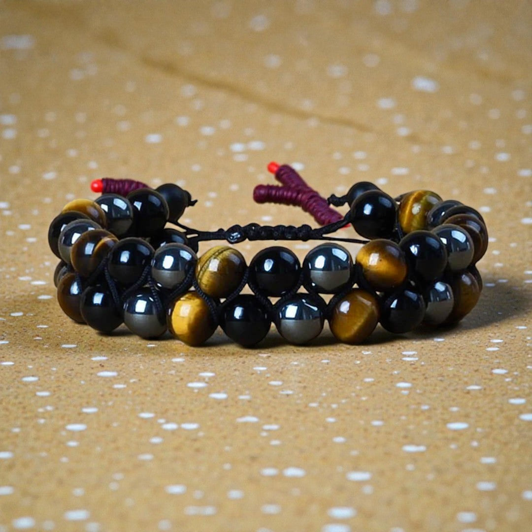 ATELIER-TIBET – Bracelet Tressé Ajustable Triple Protections en Hématite, Oeil de Tigre & Obsidienne