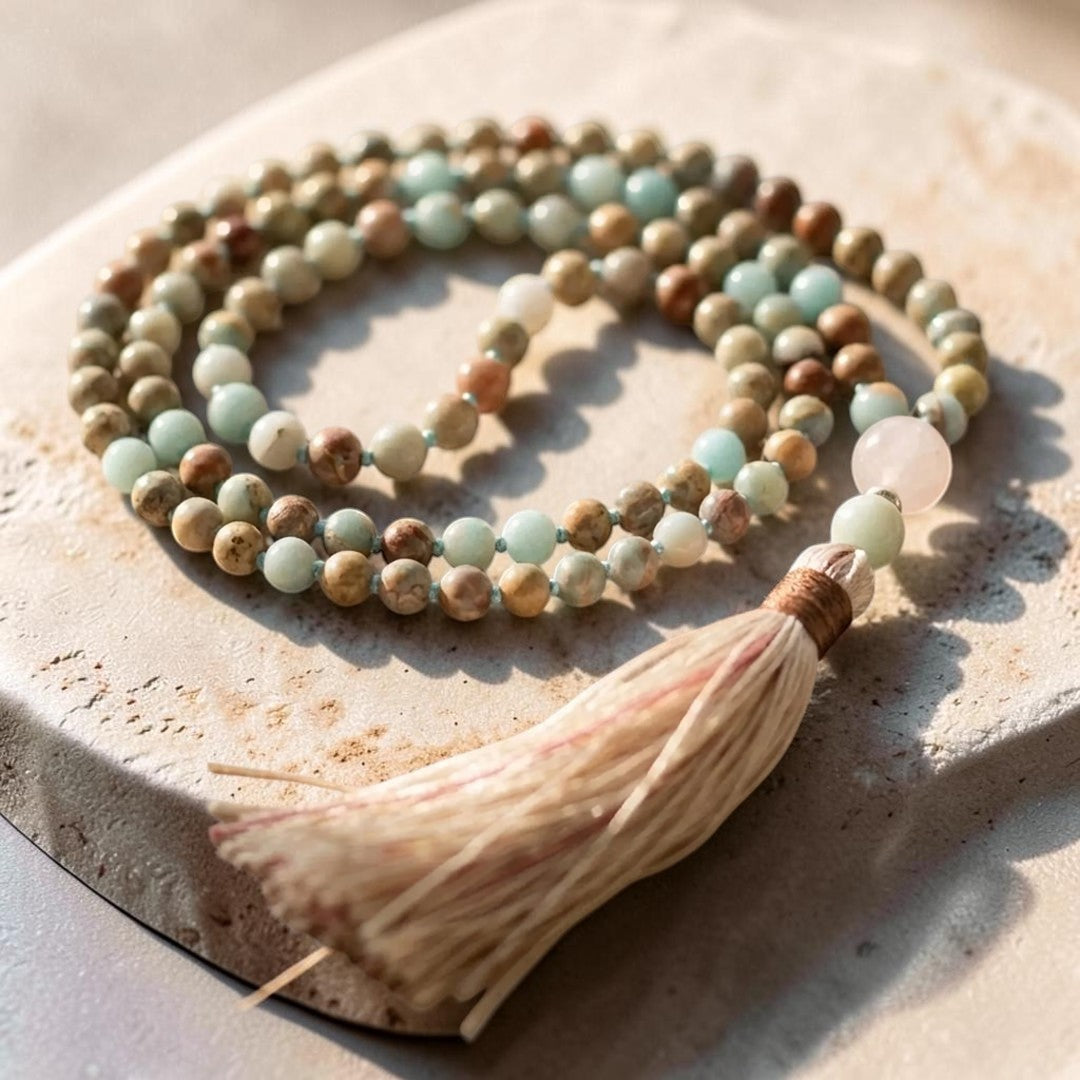 ATELIER-TIBET – Collier Mala 108 Perles en Jaspe Aqua Terra, Amazonite & Quartz Rose
