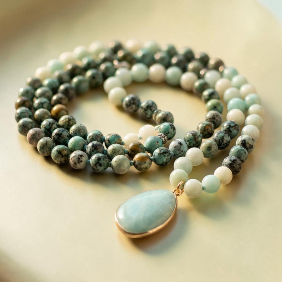 ATELIER-TIBET – Collier Mala Lâcher Prise en Amazonite & Turquoise Africaine