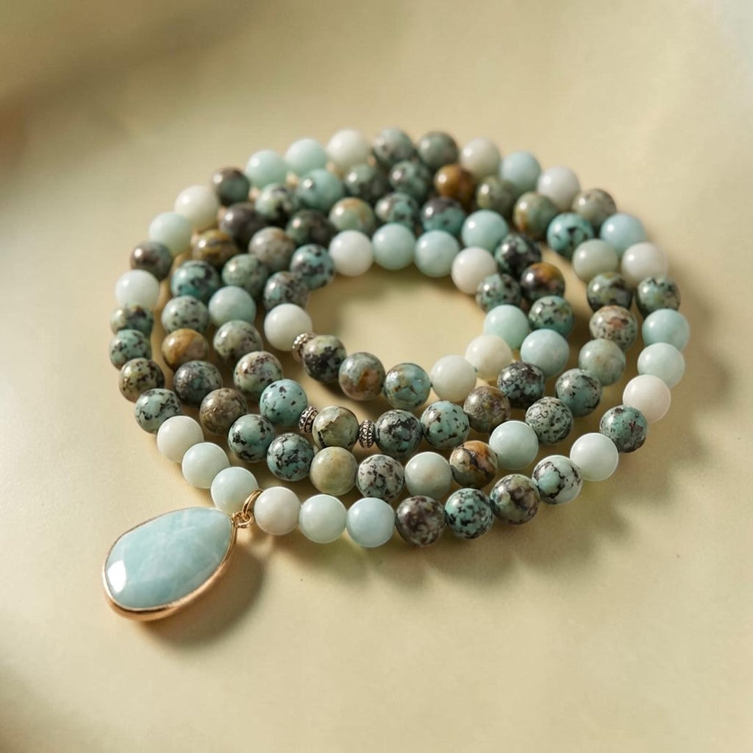 ATELIER-TIBET – Collier Mala Lâcher Prise en Amazonite & Turquoise Africaine