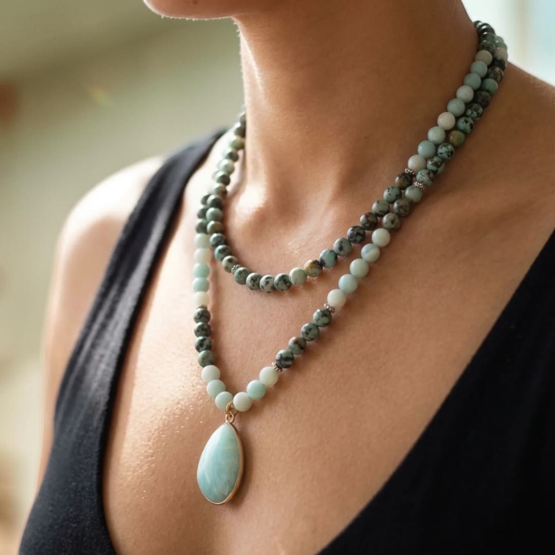 ATELIER-TIBET – Collier Mala Lâcher Prise en Amazonite & Turquoise Africaine