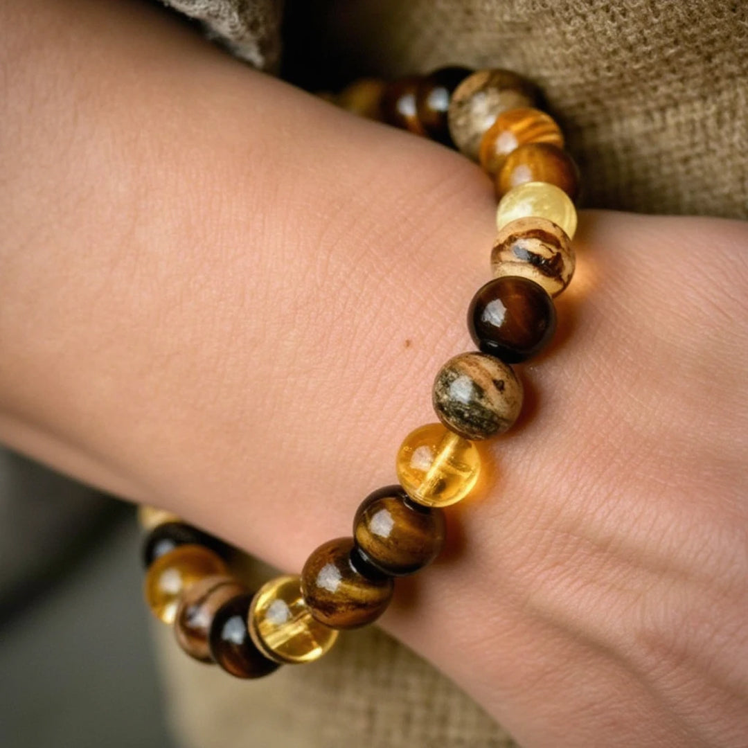 ATELIER-TIBET – Bracelet Protection & Prospérité en Oeil de Tigre, Citrine & Jaspe Paysage