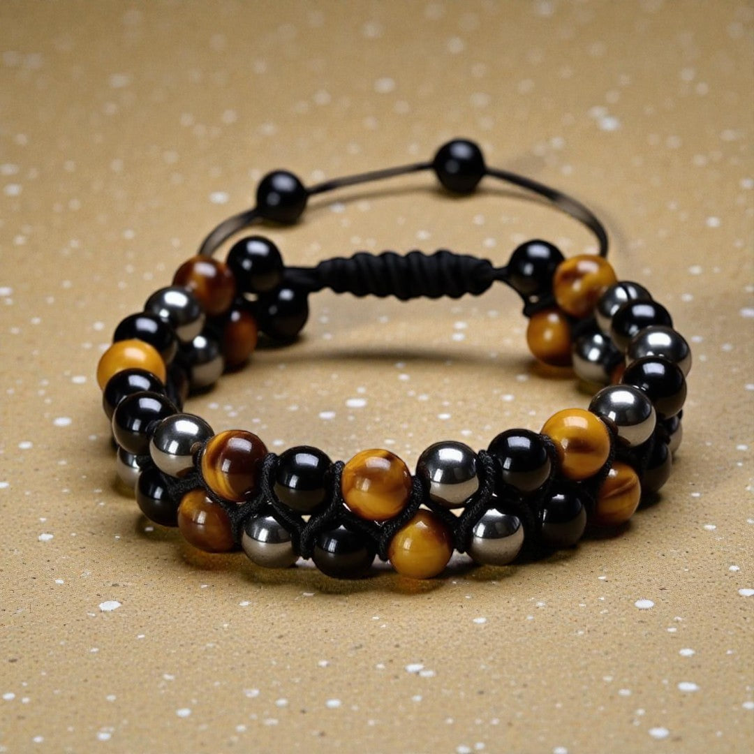ATELIER-TIBET – Bracelet Tressé Ajustable Triple Protections en Hématite, Oeil de Tigre & Obsidienne