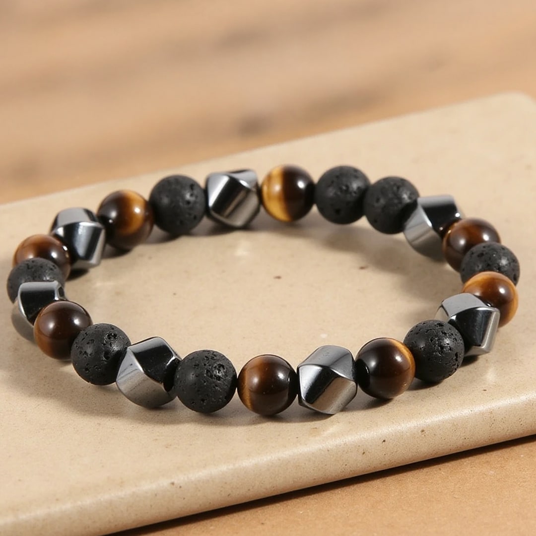 ATELIER-TIBET – Bracelet Triple Protection en Pierre de Lave, Oeil de Tigre & Hématite