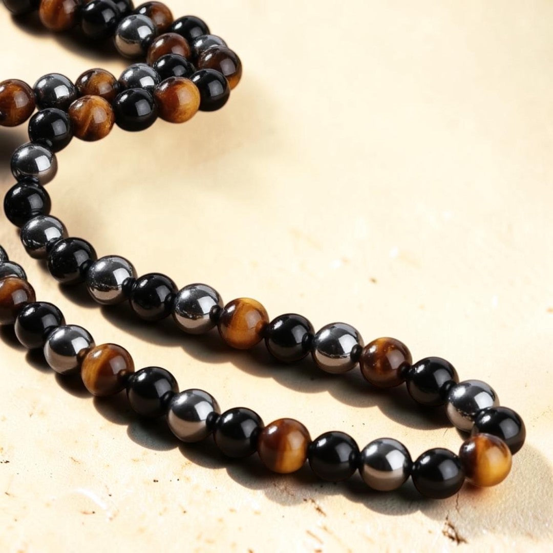 ATELIER-TIBET – Collier 3 Protections en Hématite, Obsidienne & Oeil de Tigre