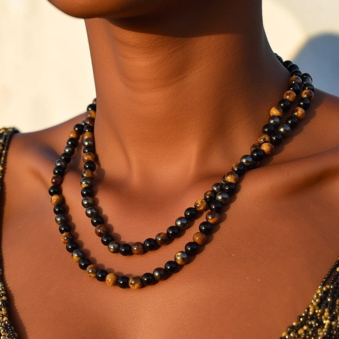 ATELIER-TIBET – Collier 3 Protections en Hématite, Obsidienne & Oeil de Tigre