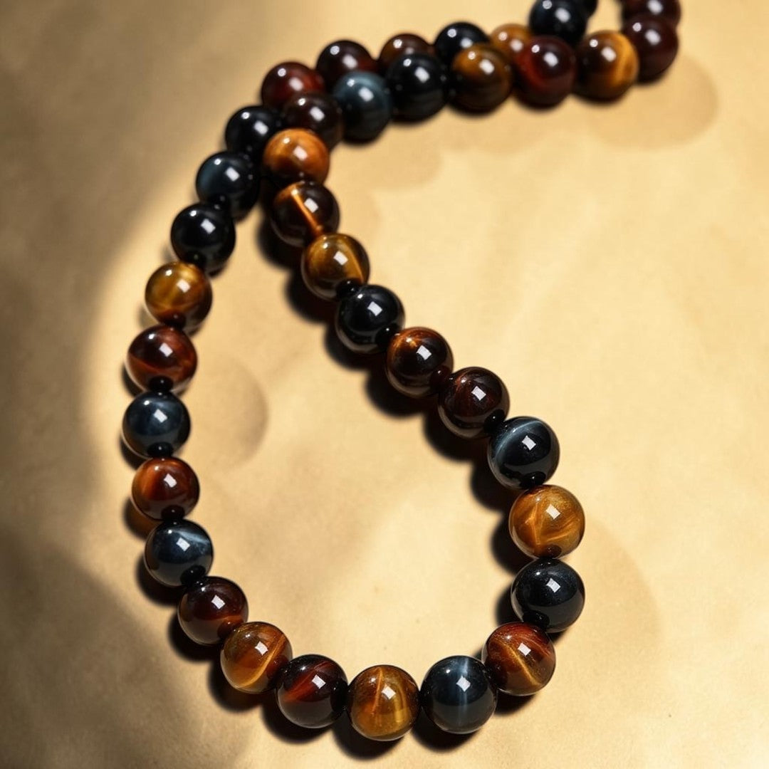 ATELIER-TIBET – Collier Oeil Multiple en Oeil de Tigre, Oeil de Faucon & Oeil de Taureau