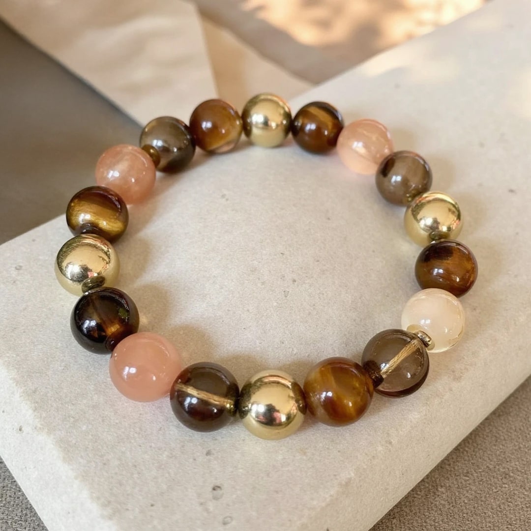 ATELIER-TIBET – Bracelet Énergie Solaire en Quartz Fumé, Oeil de Tigre & Quartz Rutile Doré