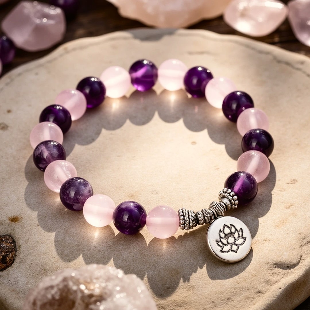 ATELIER-TIBET – Bracelet Amour & Spiritualité en Améthyste & Quartz Rose