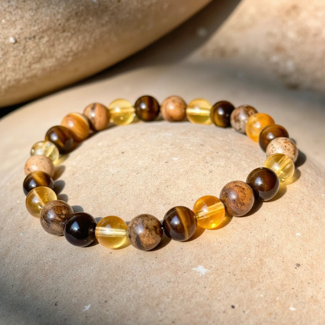 ATELIER-TIBET – Bracelet Protection & Prospérité en Oeil de Tigre, Citrine & Jaspe Paysage