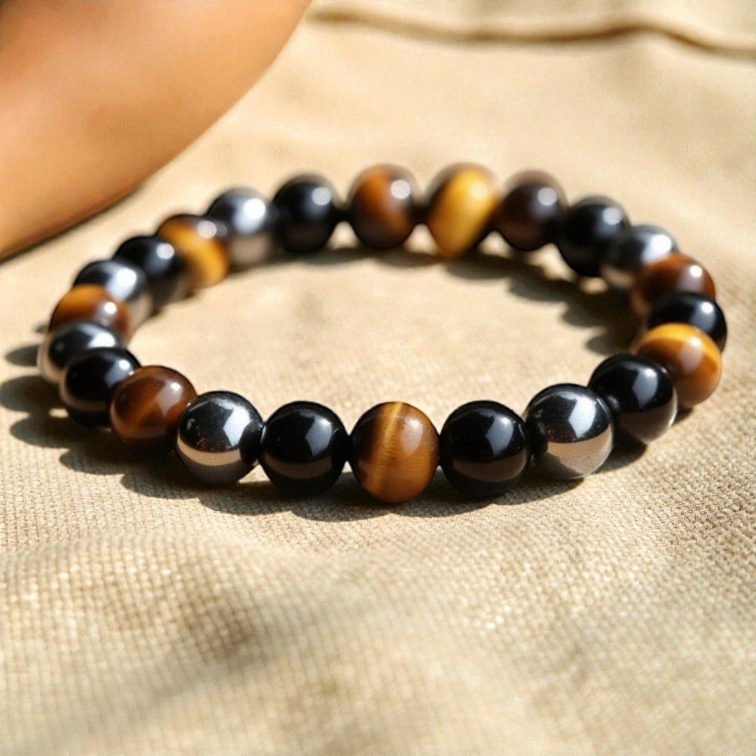 ATELIER-TIBET – Bracelet 3 Protections en Oeil de Tigre, Hématite & Obsidienne Noire