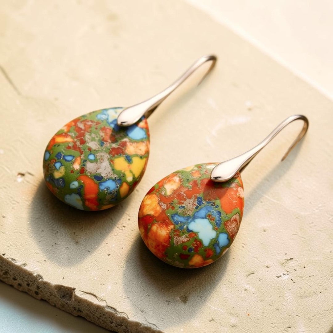 ATELIER-TIBET – Boucles d’Oreilles Gouttes Arlequines en Jaspe