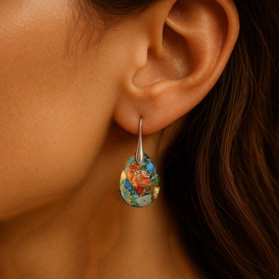ATELIER-TIBET – Boucles d’Oreilles Gouttes Arlequines en Jaspe