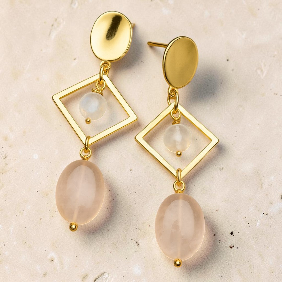 ATELIER-TIBET – Boucles d’Oreilles Émotion & Élégance en Quartz Rose & Pierre de Lune