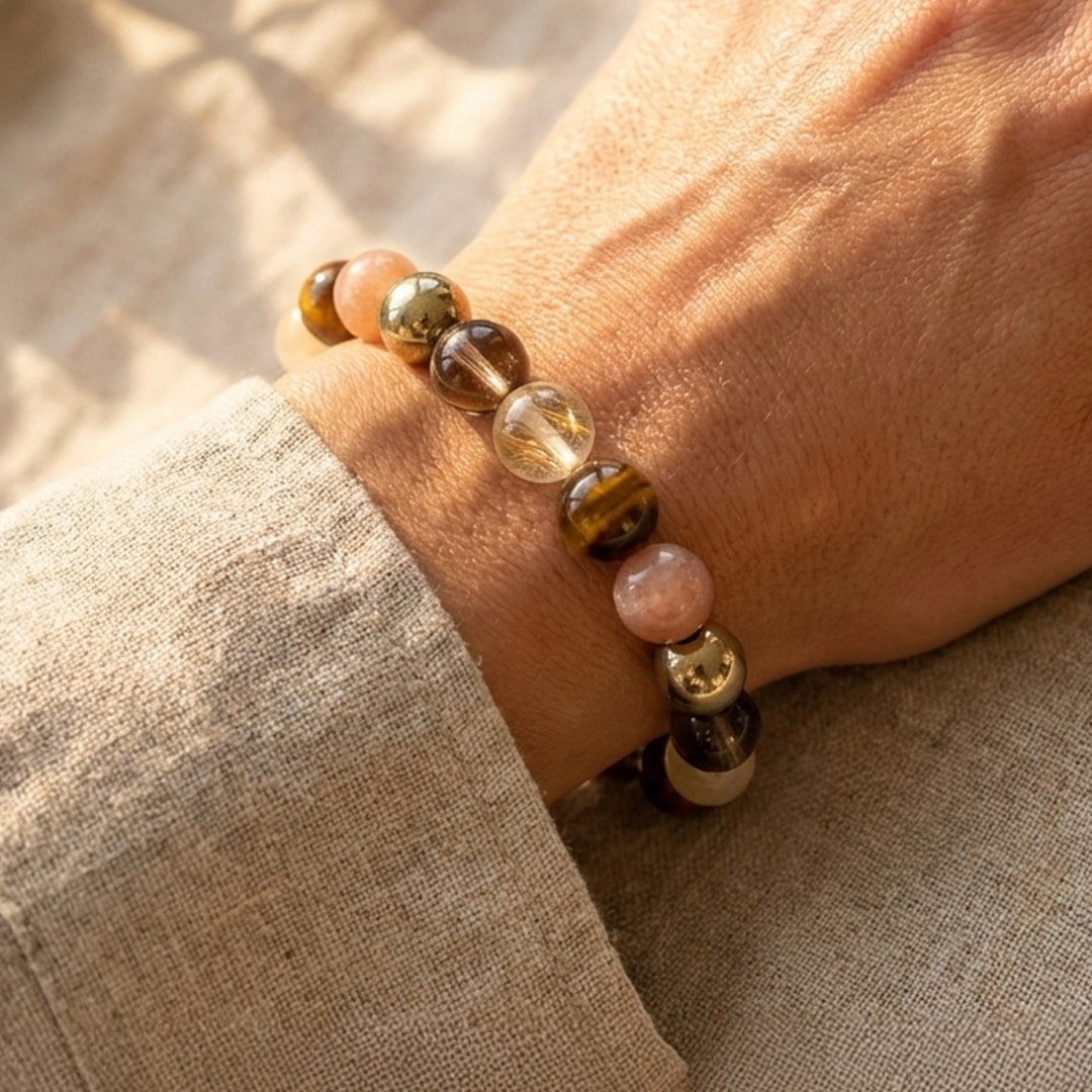 ATELIER-TIBET – Bracelet Énergie Solaire en Quartz Fumé, Oeil de Tigre & Quartz Rutile Doré