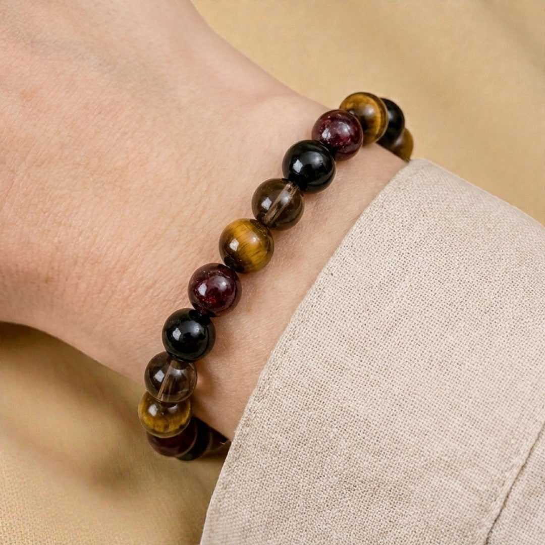 ATELIER-TIBET – Bracelet Réussite & Protection en Oeil de Tigre, Grenat, Tourmaline & Quartz Fumé