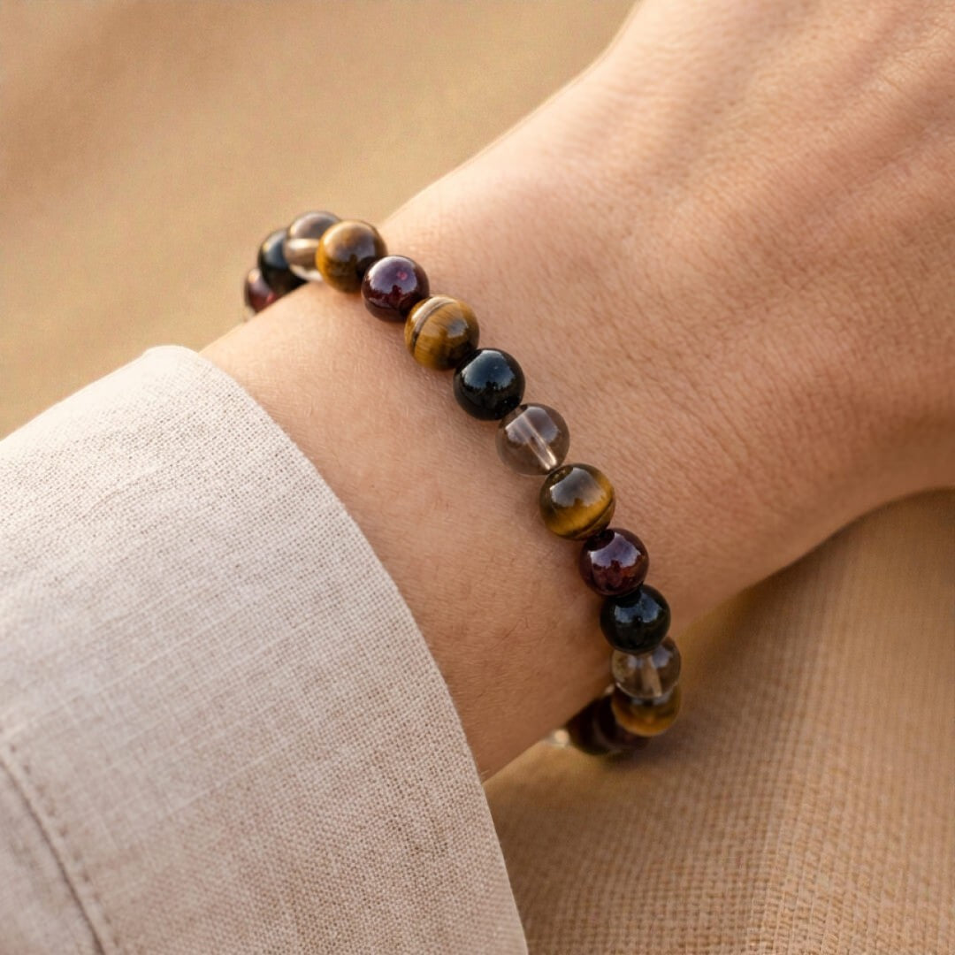 ATELIER-TIBET – Bracelet Réussite & Protection en Oeil de Tigre, Grenat, Tourmaline & Quartz Fumé