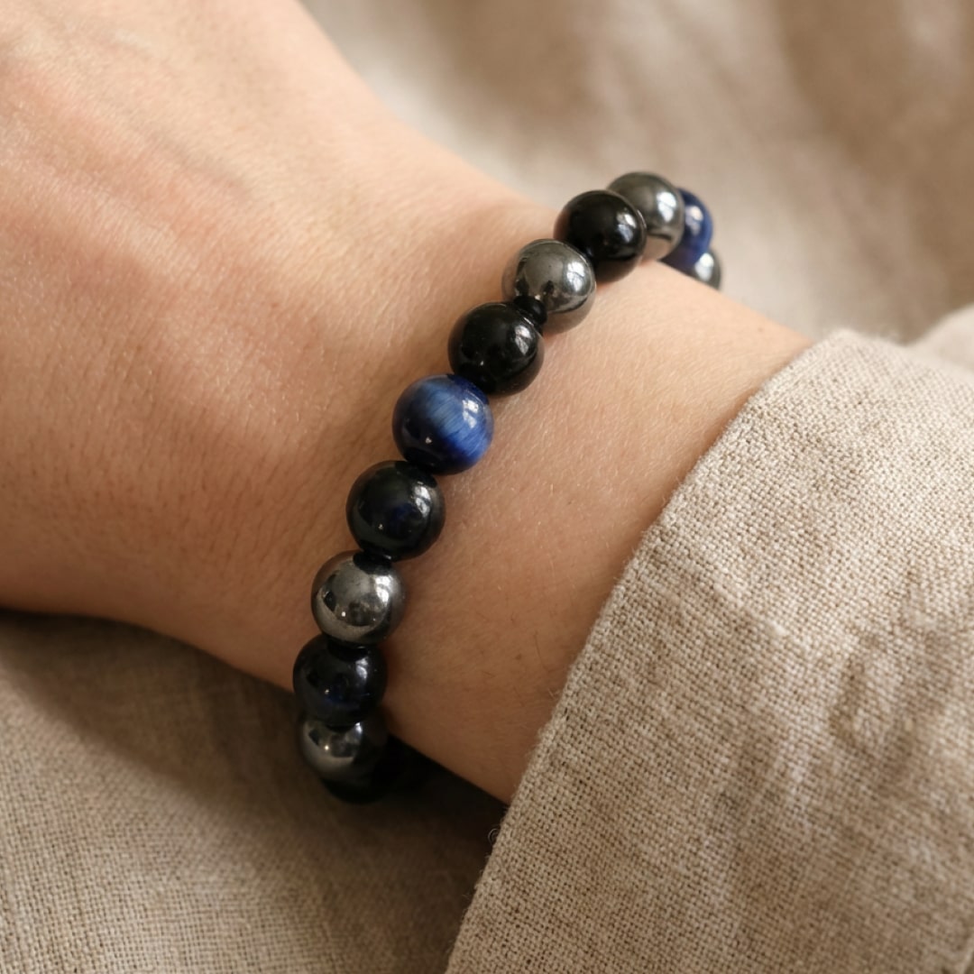 ATELIER-TIBET – Bracelet Guidance Intérieure en Hématite, Tourmaline Noire & Oeil de Tigre Bleu