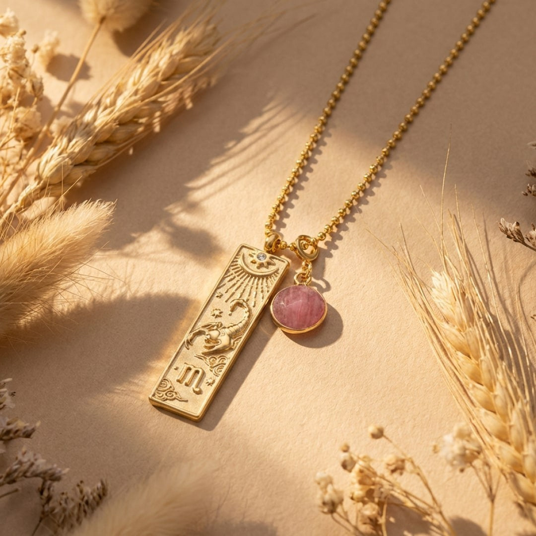 ATELIER-TIBET – Collier Rectangle - Signe Astrologique et sa Pierre Naturelle