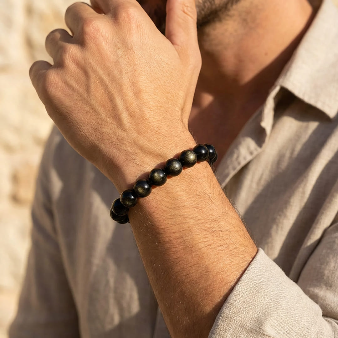 ATELIER-TIBET – Bracelet Bouclier de Lumière en Obsidienne Dorée