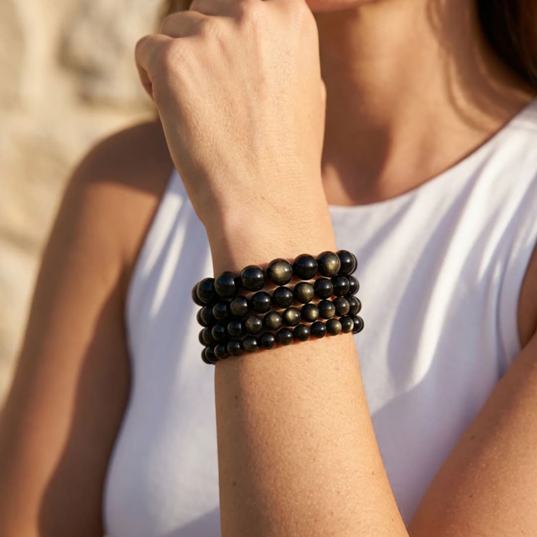 ATELIER-TIBET – Bracelet Bouclier de Lumière en Obsidienne Dorée