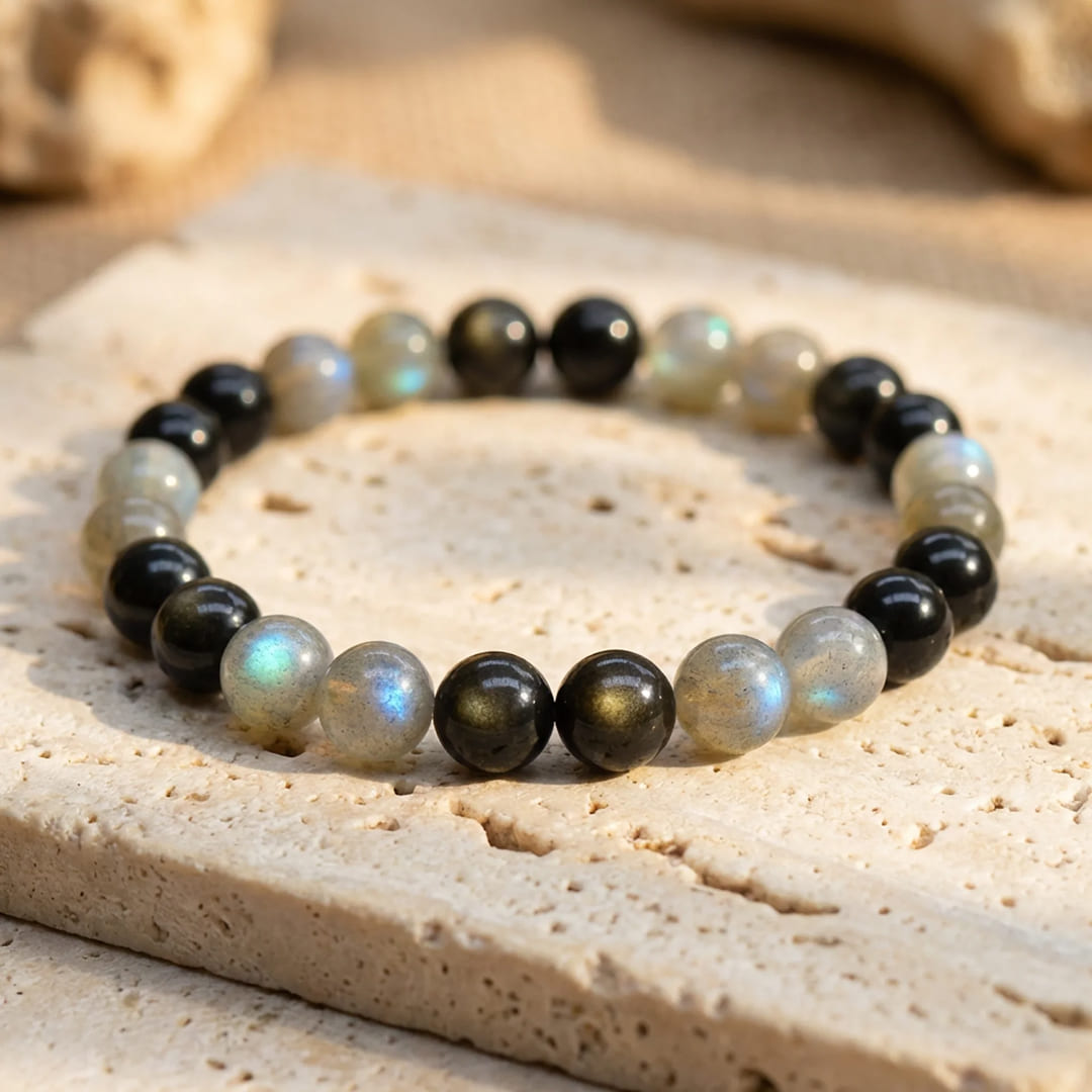 ATELIER-TIBET – Bracelet Refuge Spirituel en Labradorite & Obsidienne Dorée