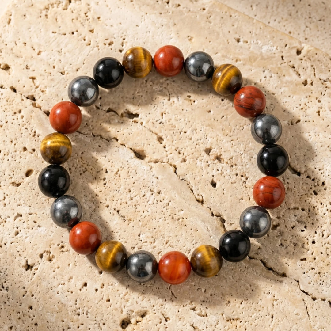 ATELIER-TIBET – Bracelet Ancrage & Protection en Tourmaline, Jaspe Rouge, Hématite & Oeil de Tigre
