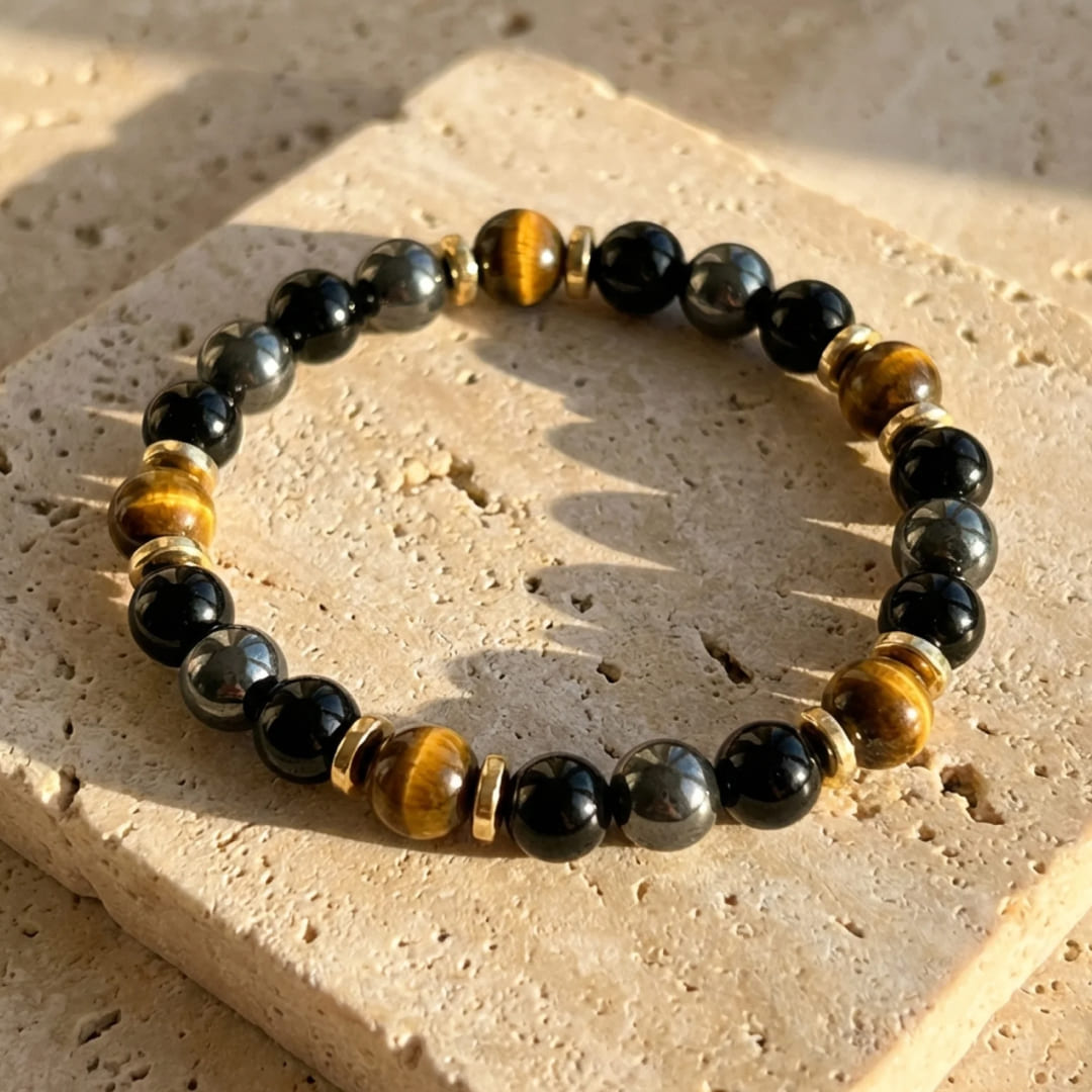 ATELIER-TIBET – Bracelet Confiance & Protection en Oeil de Tigre, Hématite & Onyx