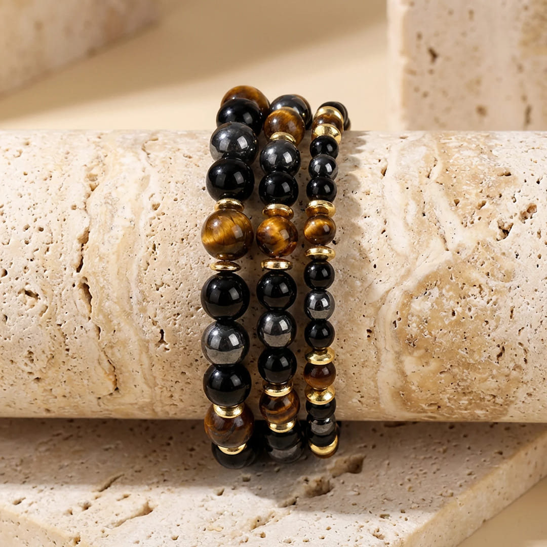 ATELIER-TIBET – Bracelet Confiance & Protection en Oeil de Tigre, Hématite & Onyx