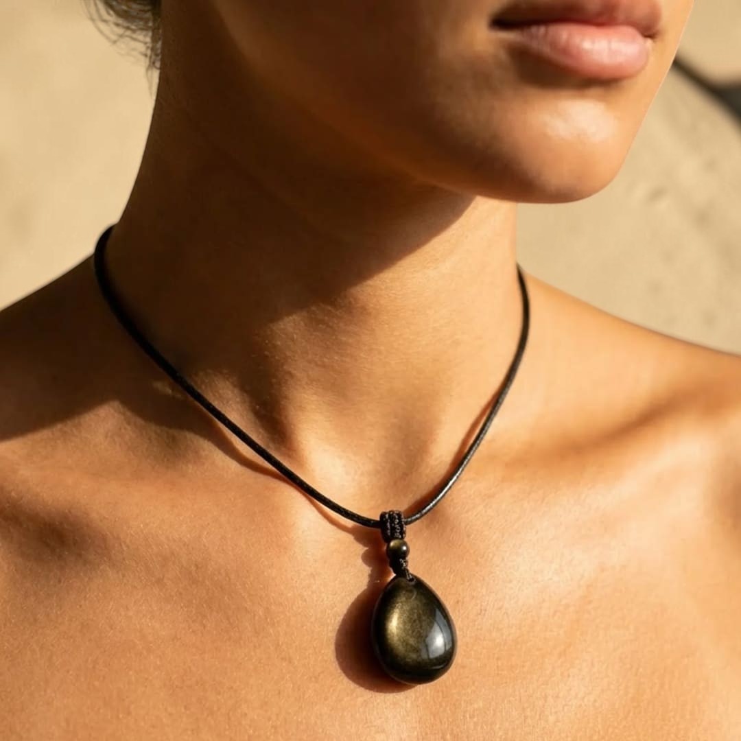 ATELIER-TIBET – Pendentif Goutte “Force Intérieure” en Obsidienne Dorée
