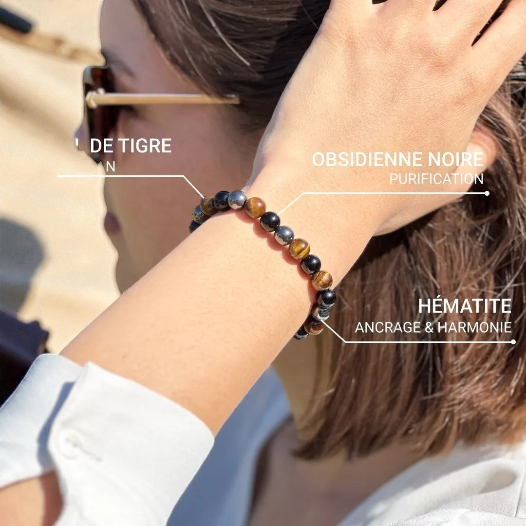 ATELIER-TIBET – Bracelet 3 Protections en Oeil de Tigre, Hématite & Obsidienne Noire