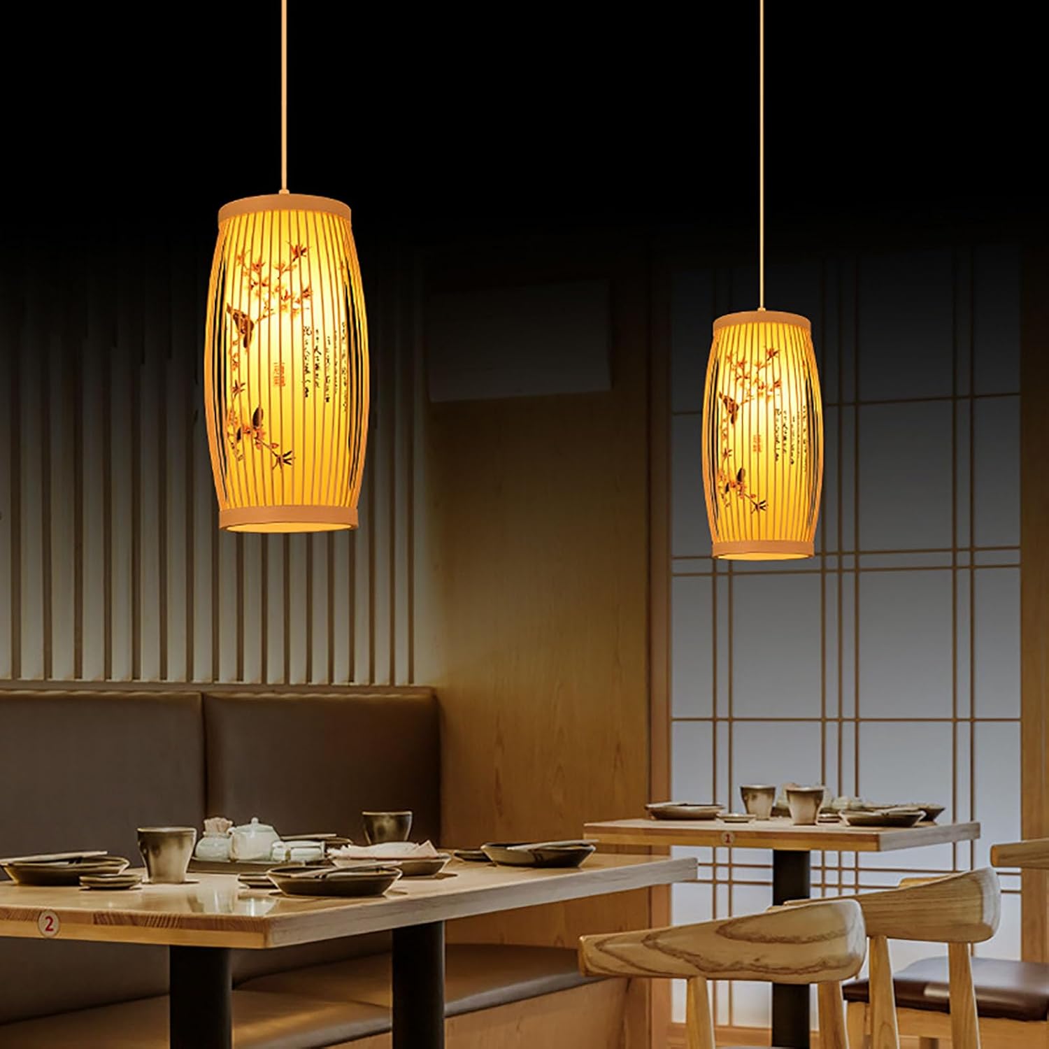 ATELIER-TIBET – Lampe Suspendue Japonaise Fleurie en Bambou