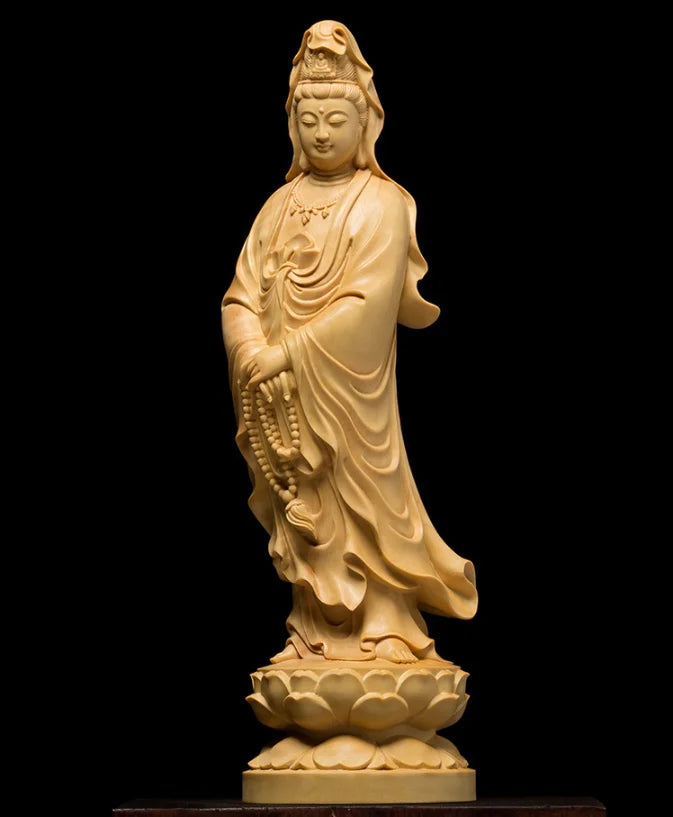 ATELIER-TIBET Statue Japonaise Guan Yin en Bois Massif | Sculpture Zen Compassion & Sérénité