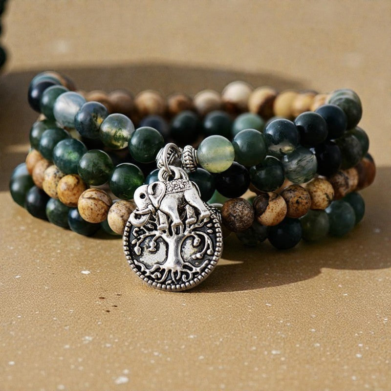 ATELIER-TIBET – Bracelet Mala Gaia en Agate Mousse & Jaspe Paysage