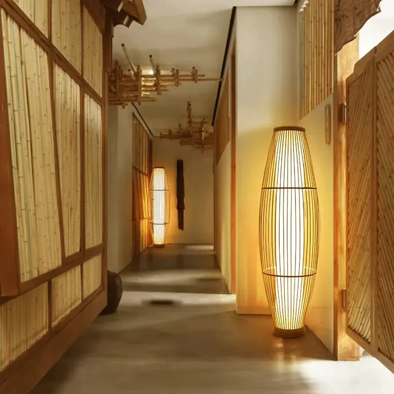 ATELIER-TIBET – Grande Lampe Japonaise en Bambou & Bois, Luminaire Zen Élégant