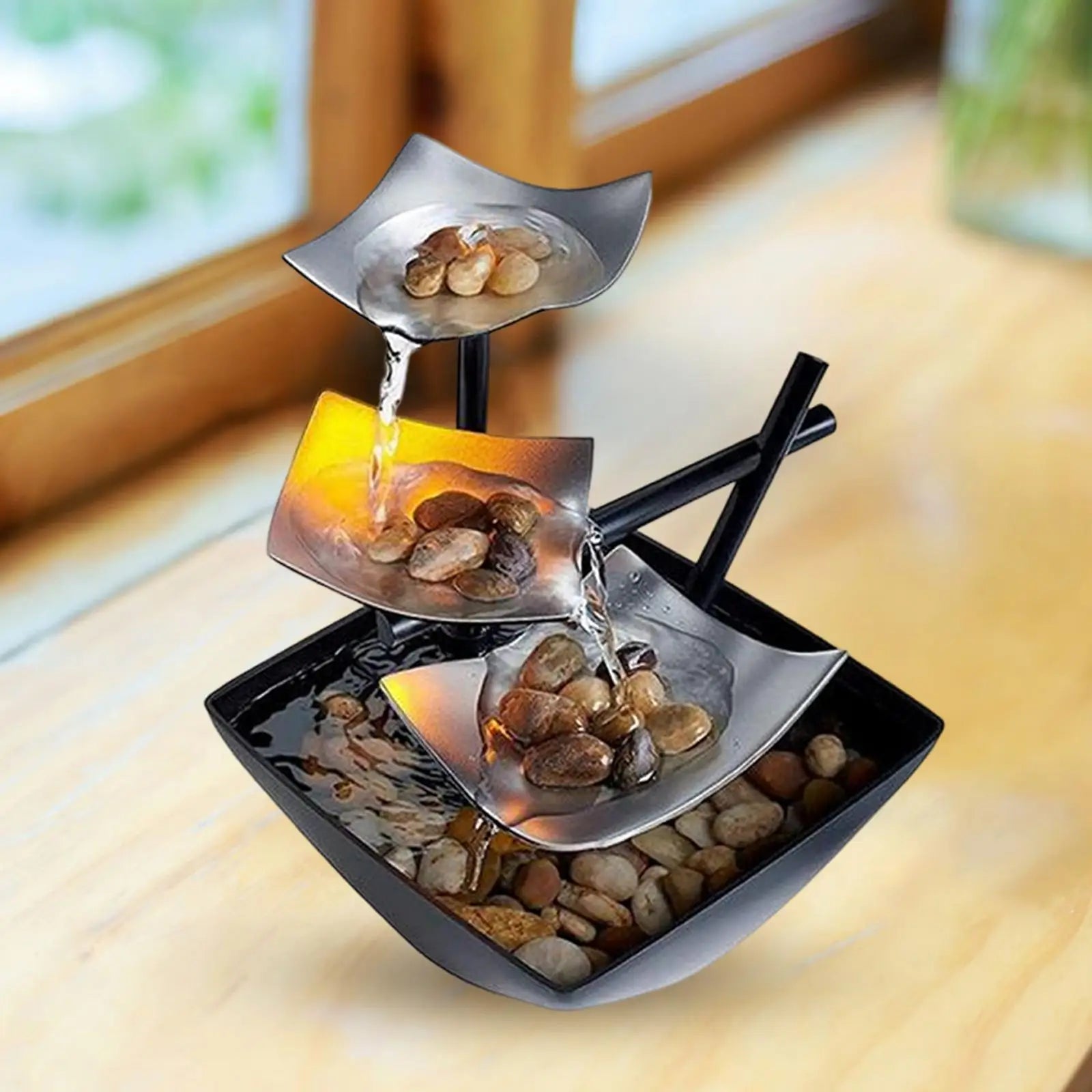 ATELIER-TIBET – Fontaine à Eau d’Intérieur Épurée en Fer avec Cascade à Trois Niveaux et Alimentation USB