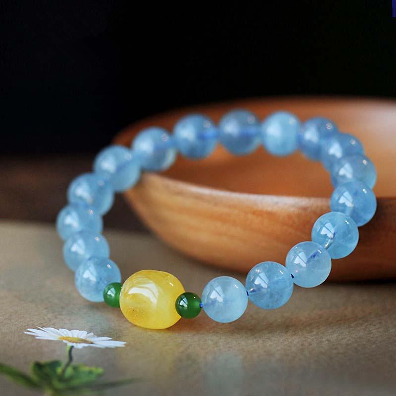 ATELIER-TIBET – Bracelet Sérénité en Aigue-Marine & Ambre Naturels 8 mm | Harmonie & Apaisement Symbolique