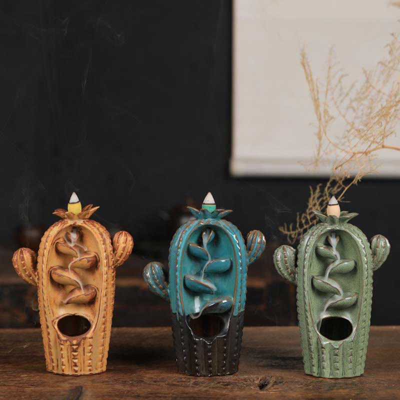 ATELIER-TIBET Brûleur d'encens à reflux en céramique Cactus Healing Smoke Fountain