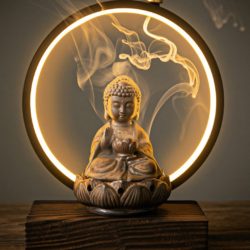 ATELIER-TIBET Brûleur d’Encens Reflux Bouddha Lotus en Céramique – Porte-Encens LED