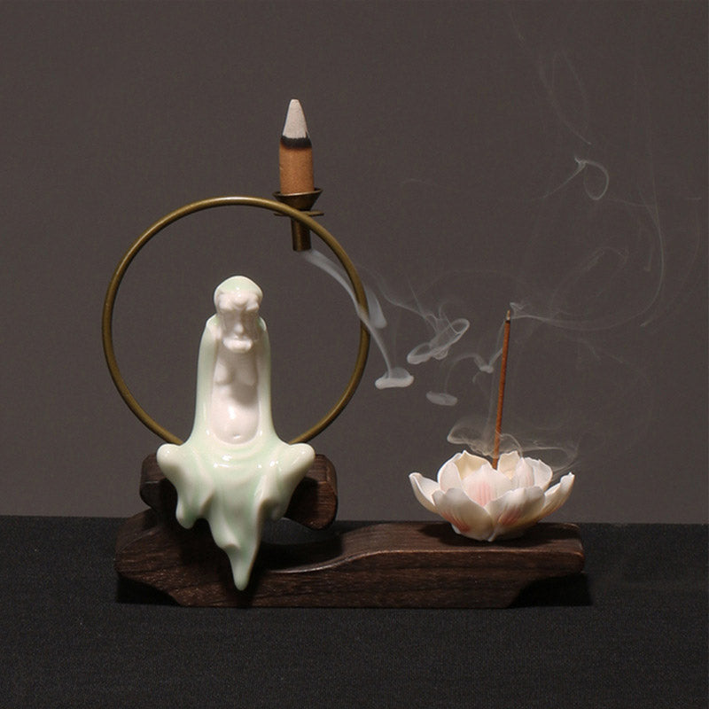ATELIER-TIBET – Brûleur d’Encens de Méditation en Céramique Lotus à Reflux
