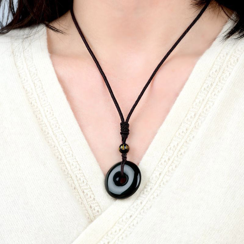 ATELIER-TIBET – Collier de Protection en Obsidienne Naturelle – Pendentif Circulaire Triple Pierre – Unisexe