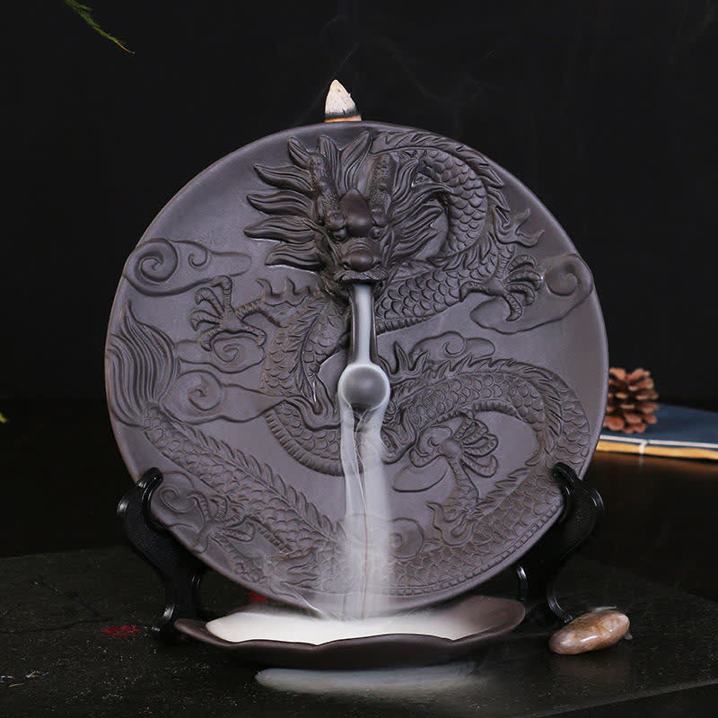 ATELIER-TIBET Brûleur d'encens de méditation à fontaine à fumée à refoulement en céramique Dragon