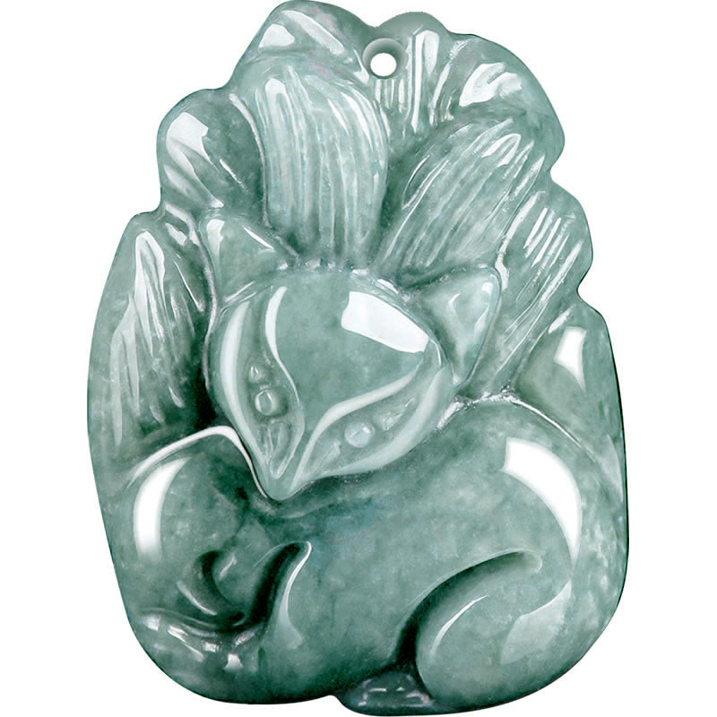 ATELIER-TIBET – Collier de Prospérité Renard à Neuf Queues en Jade Vert Naturel – Pendentif Symbolique Unisexe